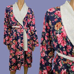 Vintage Diamond Tea Floral Cotton Robe Size L Terry Lined Navy Blue Pink